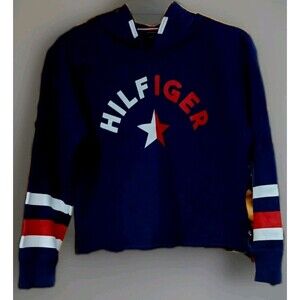 Tommy Hilfiger Cropped Hoodie L Navy Retro Y2K Flag Sleeve Streetwear EUC